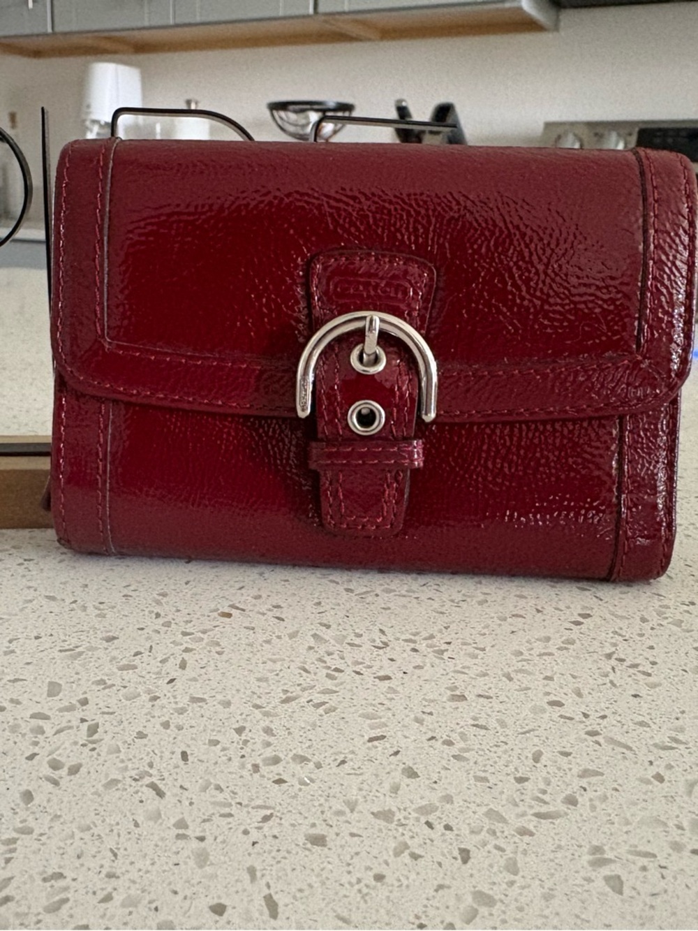 Vintage Coach Patent Leather Buckle Wallet in Deep Red